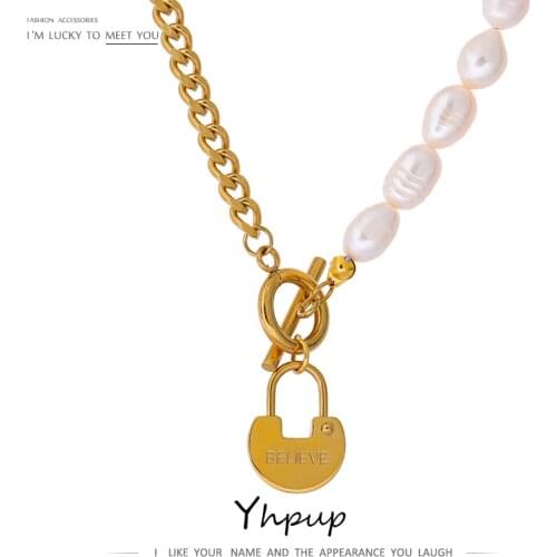 Yhpup Stainless Steel Natural Pearl Neckalce Charm Metal Lock Pendant Collar Necklace Jewelry бижутерия для женщин Gift 2021