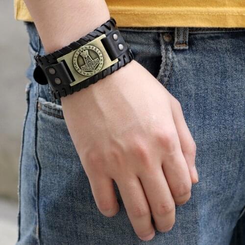 Zinc Alloy Genuine Leather Bracelet Mens Charm Wristband Viking Hammer Bracelet Punk Bangle Jewelry