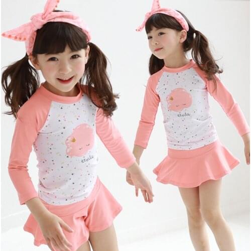 Children Two Pieces Swim Suit With Cap Sun-proof Girl Long Sleeve Swimsuit 2020 Kids Cute Skirted Swimwear Bathing Suit