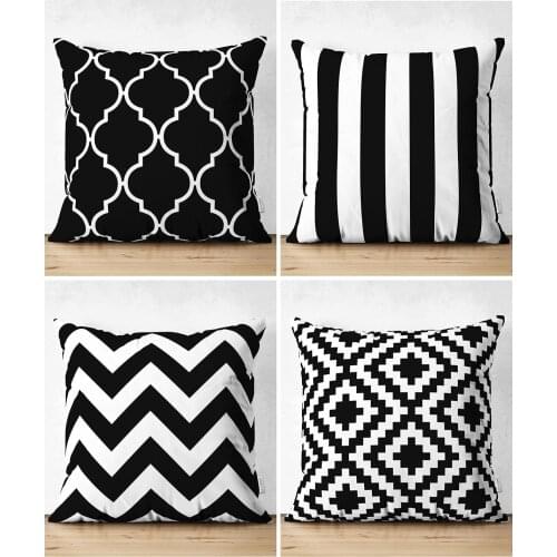 Double-Sided Black White Geometric Shapes 4'Lü Suede Cushion Pillow Decorate Case Set Quality Stylish Home Garden Room Kitchen Gift Useful Colorful