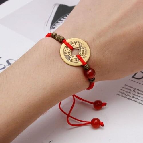 Feng Shui I Ching Ancient Coin Kabbalah Red String Attract Luck Wealth Adjustable Fashion Bracelets for Women Men(Random Style)