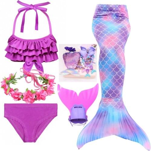 Purple Baby Girls Swimwear Kids Party Fancy Dress Costumes Ariel Princess Little Mermaid Tail Swimsuit with Swimming Fins
