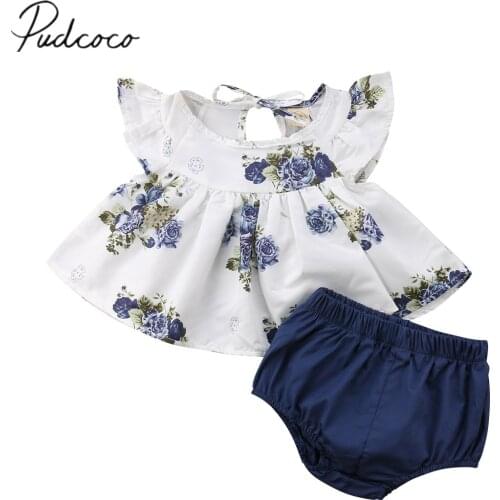 2018 Brand New Newborn Infant Baby Girl Summer 0-24M Clothes Sets Short Petal Sleeve Floral Print Belt T-Shirts Tops Blue Shorts