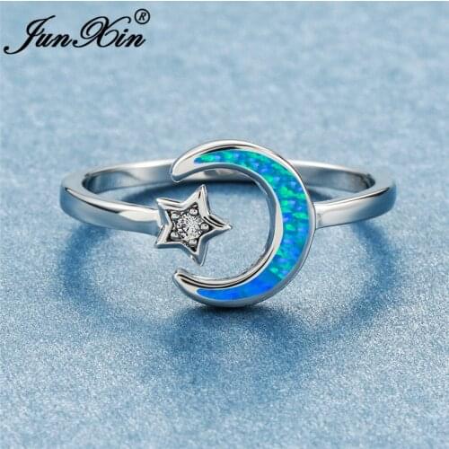 Cute Moon Star Ring Blue White Fire Opal Rings For Women Open Birthstone Wedding Bands Thin Ring Minimalistic Party Jewelry Gift