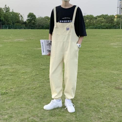 Summer Bib Mens Pants Straight Loose Casual Solid Nine-point Overalls Siamese Suspenders Trendy Fashion All-match Trousers