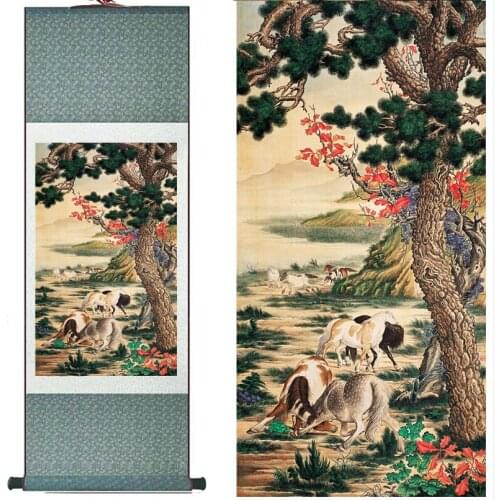Horse Traditional Chinese art painting Horse art painting Silk scroll art painting Horse playing picture