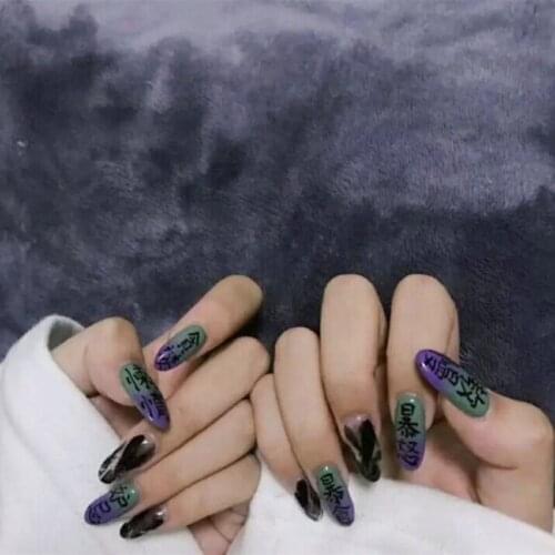 American punk style false nails with designs Middel-long green purple pure color fake nails with printed word lady full nail tip
