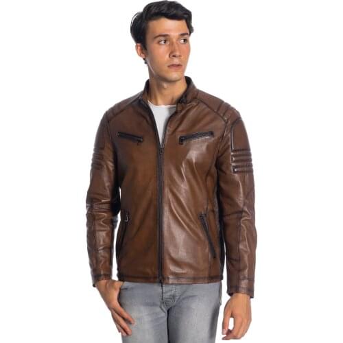 Genuine Soft Leather Handmade Brown Man Jacket Biker Style High Quality Lambskin Metal Zipper Autumn Gifts For Valentines Day