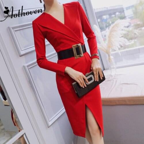 Autumn Women Split Asymmetrical Dress Long Sleeve V-neck Dress Sashes Elegant Office Lady Sexy Party Bandage Bodycon Dresses
