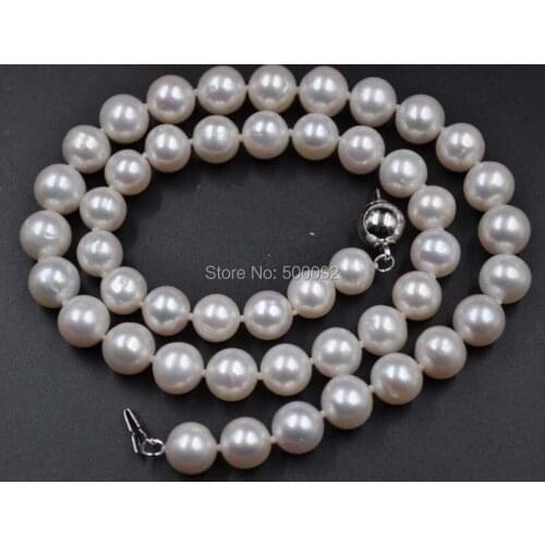 AA genuine 9-10mm white cultured freshwater pearl necklace free shipping