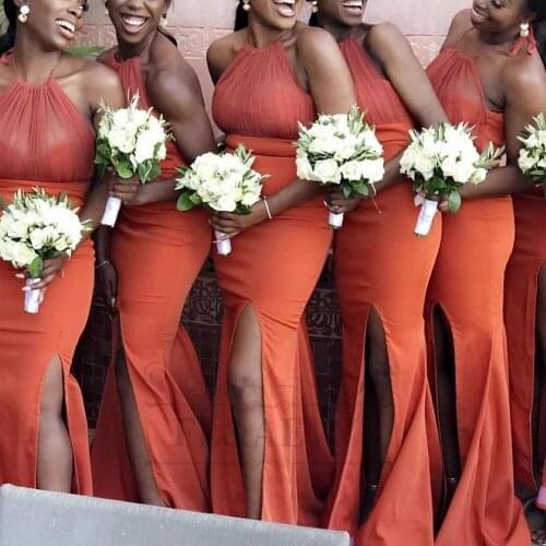 Mermaid Bridesmaid Dresses South African 2021 Halter Elastic Satin Black Girls Bridesmaid Dress Split Side Wedding Party Gowns