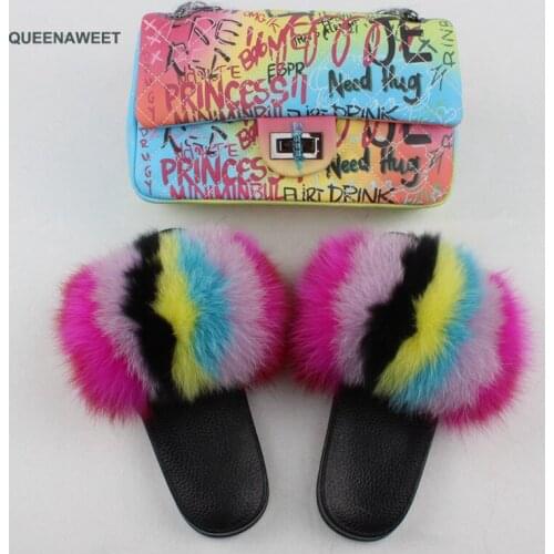 Fluffy Women Fur Slippers Set-Handbag Furry Real Fox Fur Slides Shoes Graffiti Jelly Shoulder Bag Candy Crossbody Purse