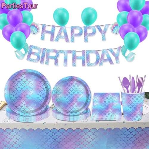 Mermaid Party Disposable Tableware Paper Cups Plate Kids Happy Birthday Banner Party Decor Mermaid Balloons Baby Shower Favors