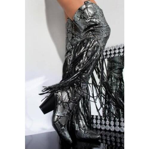 Newest Woman White Black Python Tassel Over The Knee Boots Sexy Super Fringed Chunky Heels Pointed Toe Long Boots Big Size 44