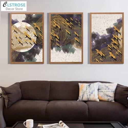 Nordic Gold Landscape Canvas Painting Abstract Line Moon Bird Woods Posters Wall Art Pictures Home Decoration Living Room Gifts