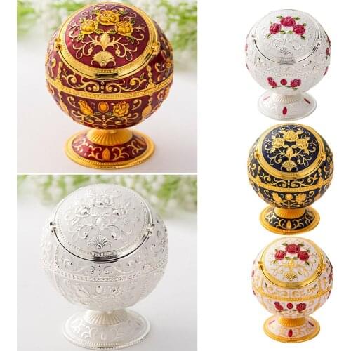 Vintage Zinc Alloy Flower Pattern Globe Cigarette Ashtray with Lid Home Decor Ashtrays