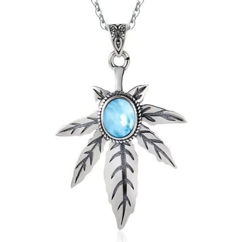 Antique Vintage Designs Natural Dominica Larimar Leaf Pendant in 925 Sterling Silver