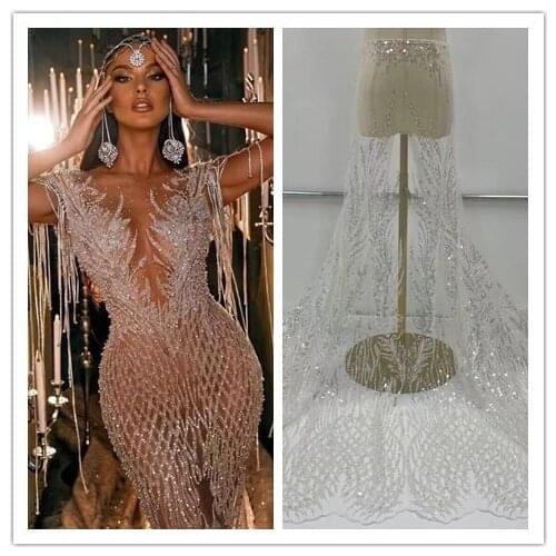 High quality french SYJ-428881 sequins lace african tulle fabric nigerian handmade beaded embroidery with beads 5 yard