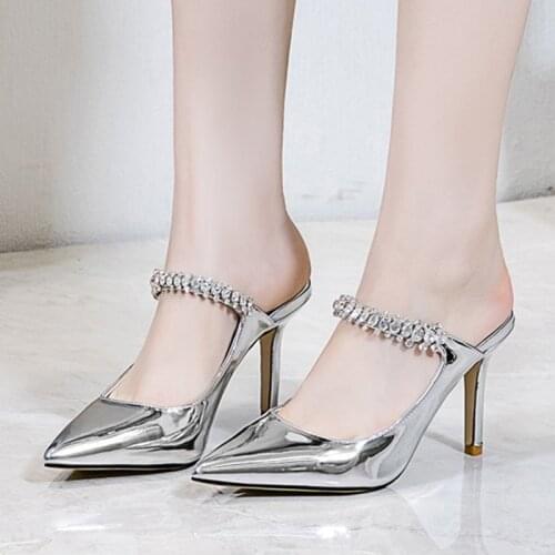 WEIQIAONA Spring and summer foot ring strap shoes low heel stiletto pointy shoes mesh rhinestone sandals
