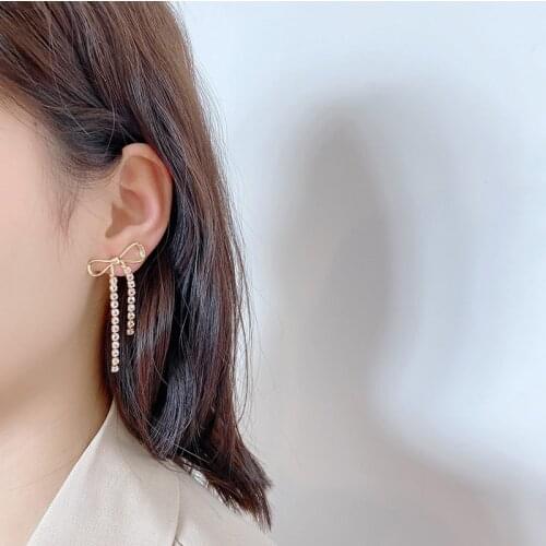 Yaologe Japan Korea Hollow Bowknot Earrings Gold Bright Rhinestone Tassel Earrings Long Shiny Jewelry For Women Lover Gift