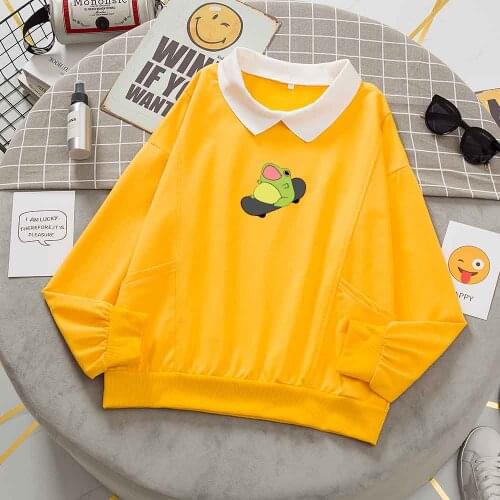Yellow Hoodie Women Graphic Hoodies Streetwear Frog Skateboard Long Sleeve Pullover Sweatshirt with Collar Kawaii Sweatshirt