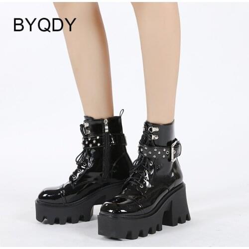 BYQDY High Heel Combat Boots For Women Fashion Buckle Ankle Spring Autumn Thick Bottom Platform Shoes Black Punk Style Side Zip