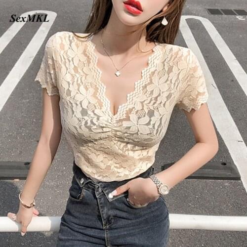 Sexy Transparent Summer Lace Blouses Women 2020 Fahsion V Neck Hollow Out Ladies Casual Tops Korean Clothes Basic Lace Blouse