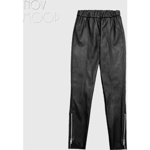 Novmoop stretched genuine leather sheepskin women cropped pants with elastic waistband uneven feet hem zipper decored LT3516