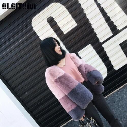 New Fur Coat Female 2020 Autumn and Winter Elegant Soft Imitation Rabbit Short Pink Color Matching Fur Coat Outwear Mujer