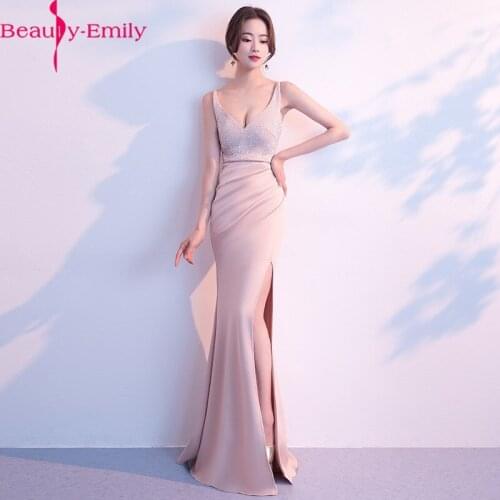 Beauty Emily Sexy V Neck Spaghetti Strap Mermaid Evening Dress 2020 Fashion Pink Sequined Zipper Back with High Side Split
