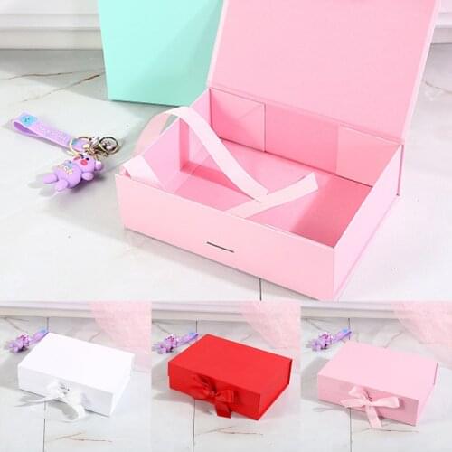 1Pcs New Clamshell Folding Gift Box Ribbon Pure Color Simple Cosmetic Candy Gift Box Wedding Birthday Party Gift Decoration Box