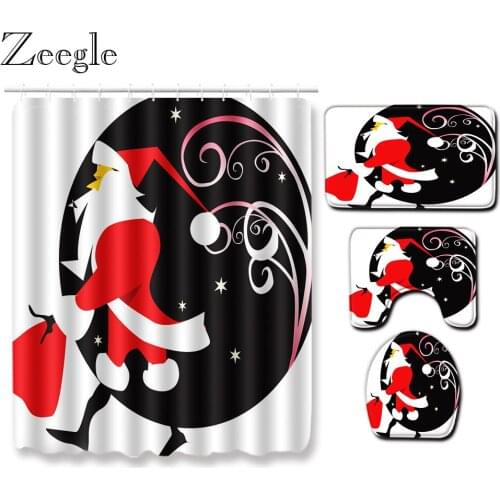 4pcs Christmas Curtain Bath Curtain Bathroom Carpet Set Anti-slip Shower Mat Toilet Pedestal Rug Absorbent Washable Bath Mat Set