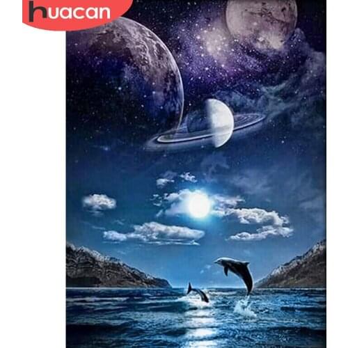 HUACAN Diamond Painting Full Drill Night Scenery Square/round Diamond Mosaic Embroidery Planet Dolphin Landscape Home Decor