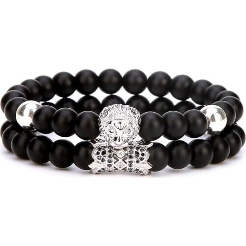 ASHMITA 2019 2PCS/SET Rose Gold Crown Matte ONyx Bracelet and Lion Head Onyx