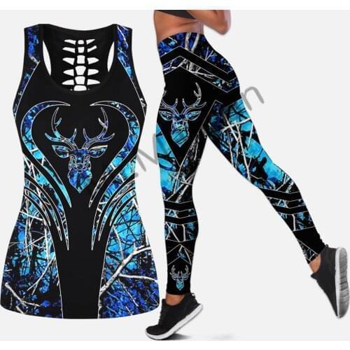Hollow Tanktop and Leggings two piece for Women 3D Printing hipster fashion sexy vest Blue deer hunting Female clothes