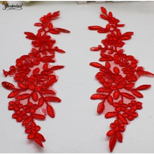 YACKALASI Bridal Wedding Appliqued Flower Lace Patches Floral Headwear 3D Embroidered Mirror Pairs Sewing Trims Red 28.5*8.5cm