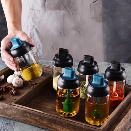 250ML Cover spoon integration honey glass Jar Spice Airtight Containers Condiment Salt Seasoning oil brush pot seasoning pot