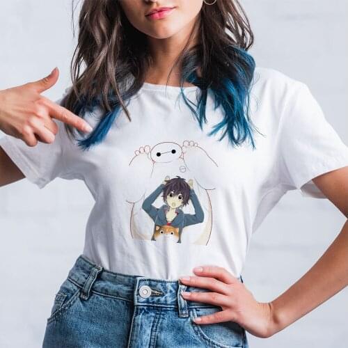 Disney Big Hero 6 Women T Shirts Hiro Hamada And Baymax Dressed Cat Printed T-shirt Tee Pop Cartoon Tshirt Summer clothes