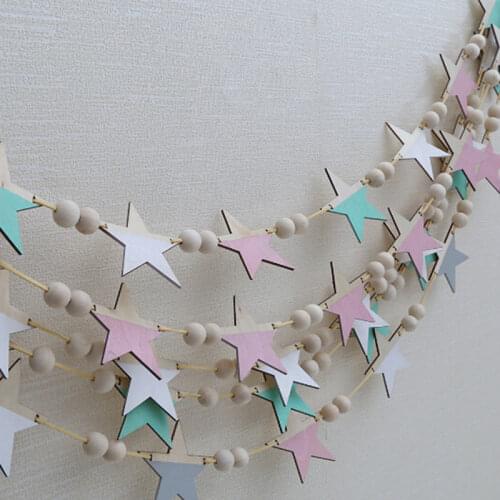 INS Nordic Wooden Star Beads Garland Banners Girls Baby Room Nursery Wall Decor Kids Room Hanging Curtains Pennant Photo Props