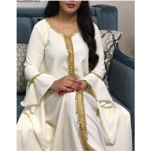 Jalabiya Kaftan Dress For Women Dubai Turkey Golden Ribbon Embroidery Loose Muslim Arabic Islamic Clothing White 2021