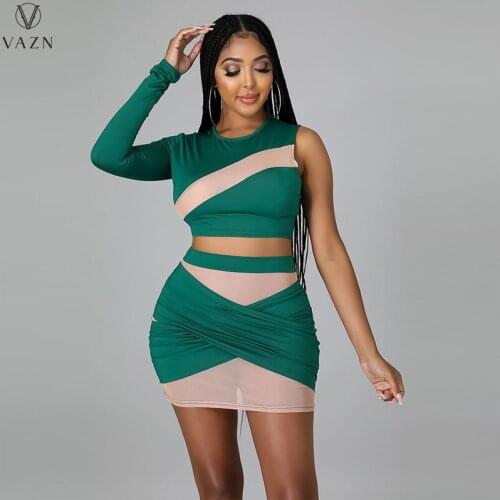 VAZN 2021 Early Autumn Style Young Sexy Club Full Sleeve One Off Shoulder Mini Skirts High Waist Skinny Women 2 Piece Set