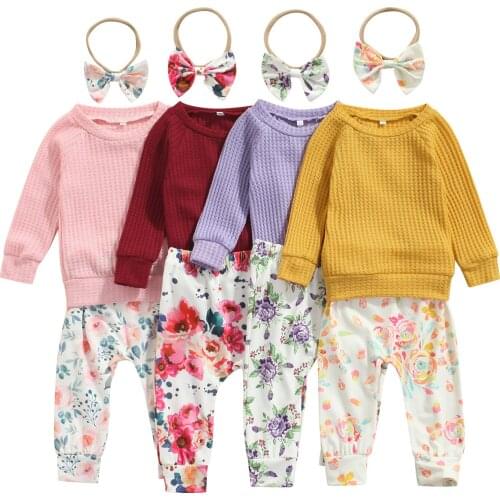 Baby Girls Clothes Set, Solid Color Long Sleeve O-neck Tops+Floral Print Trousers+Bow-knot Headband