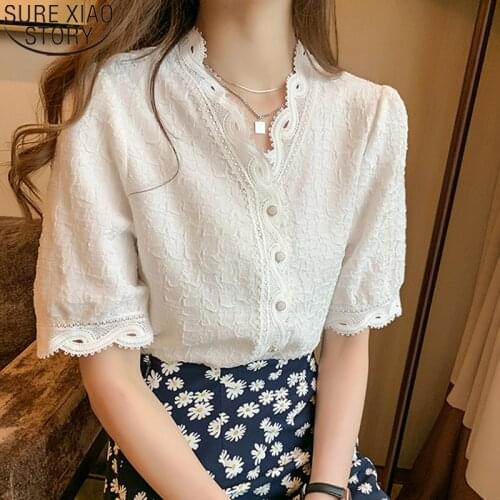 Summer Lace Blouse with Button Cardigan Tops Casual Puff Short Sleeve White V-Collar Chiffon Blouse Blusas Mujer De Moda 10051