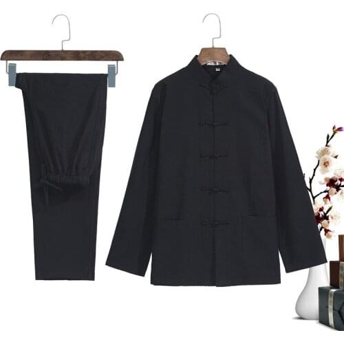 Top+Pants Traditional Chinese Outfit for Men Tang Suit Linen Shirt Long Sleeves Ancient Man Fashion Autumn Kung Fu Plus Size 4XL