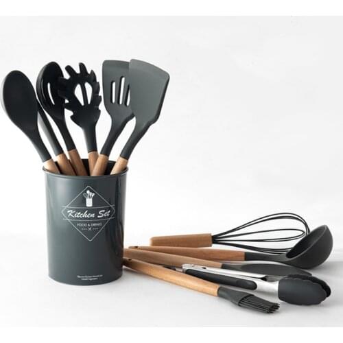 1~11Pcs Silicone with Wooden Handle Kitchen Accessories Cooking Tools Utensils Set Spatula Soup Spoon Kitchen Tools Cookware