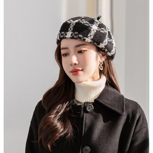 New Simple Women Wool Beret For Elegant Lady Winter Female Cotton Hats Plaid Vintage Octagonal Casual Boina Autumn Girl Cap