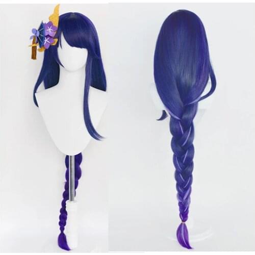 Game Genshin Impact Shogun Cosplay Wig Long Blue Purple Braided Heat Resistant Synthetic Hair Anime Cosplay Wigs + Wig Cap