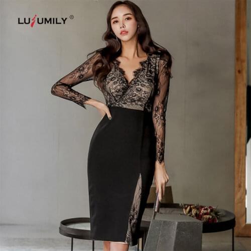 Lusumily 2021 New Sexy Deep V-neck Dress Womens Elegant Pencil Office Dress Sexy Party Black Lace Patchwork High Waist Dresses