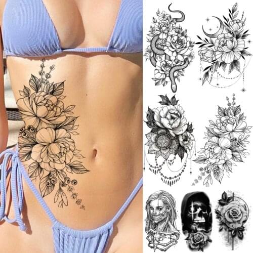 Realistic Flower Temporary Tattoos For Women Girls Snake Face Skull Pendant Fake Tattoo Sticker Waist Tatoos Thigh Legs