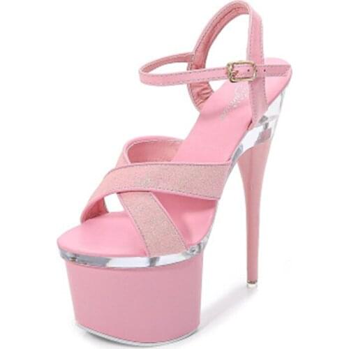 Transparent ultra high heel 17cm thin heel summer female waterproof platform sequins sexy model sandals